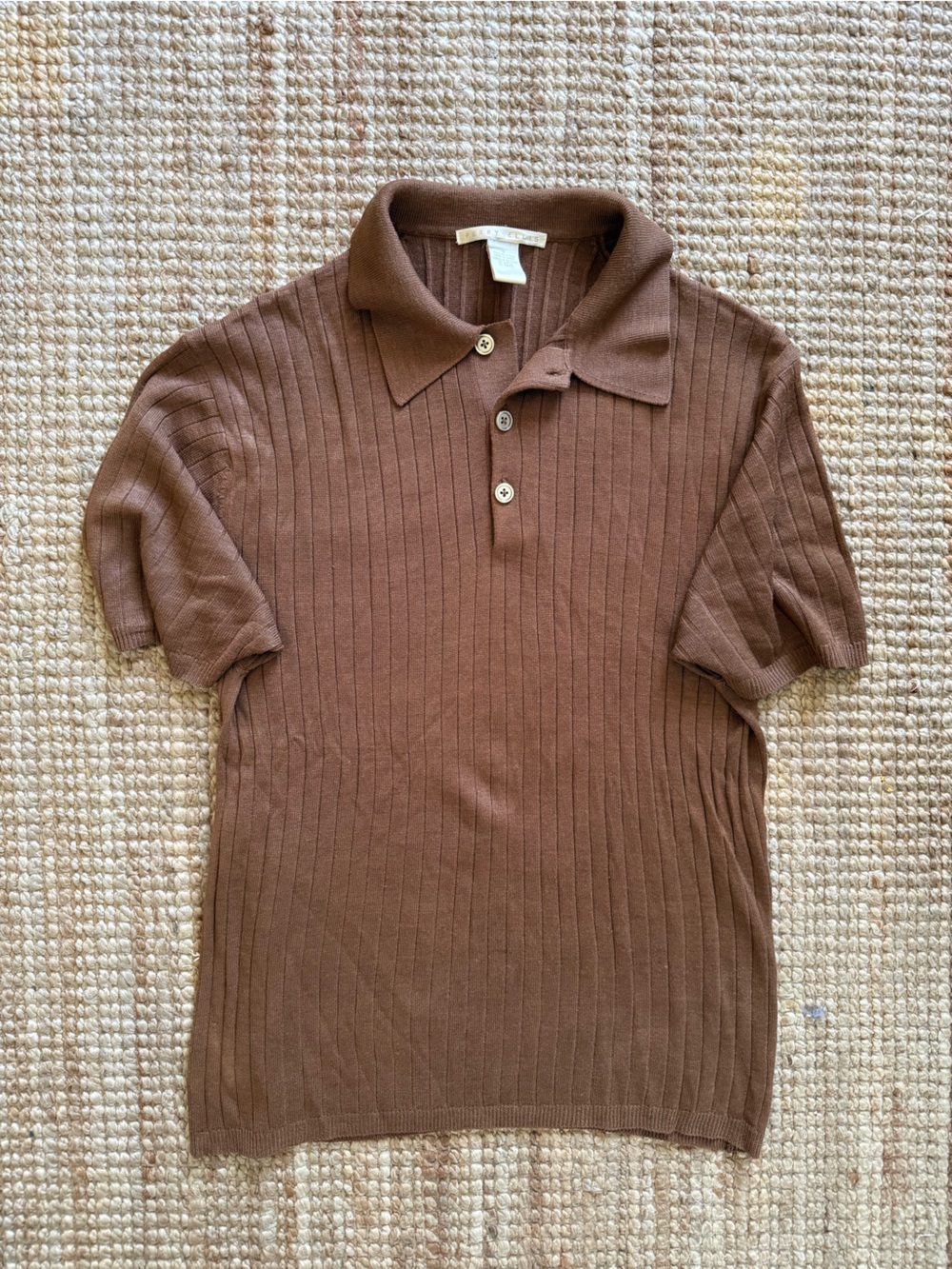 Perry Ellis 100% Silk Ribbed Knit Polo Shirt Brown Size S Short Sleeve Vintage
